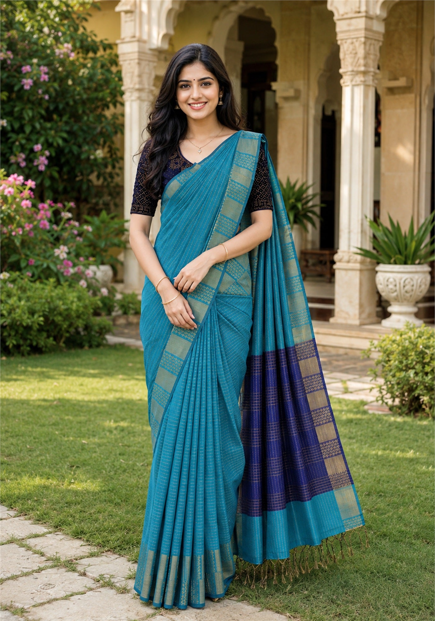 Fancy Saree Royal Blue Teal Checked Border - KSS-1-8003 - view 1